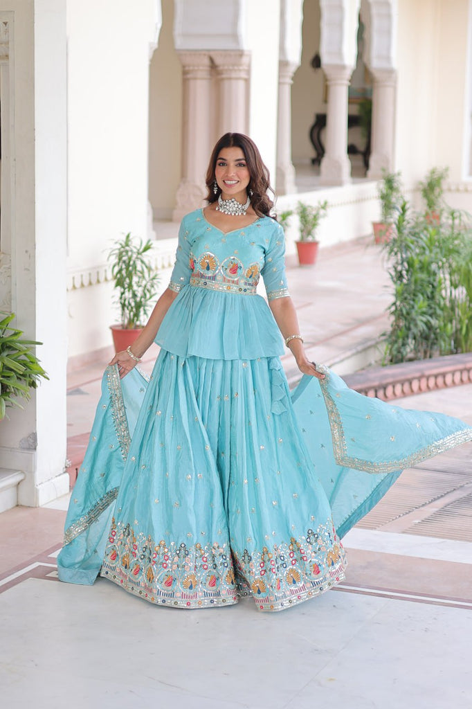 Sky Blue Golden Luxe Fully-Stitched Embroidered Lehenga Set with Heavy Sequin Dupatta ClothsVilla