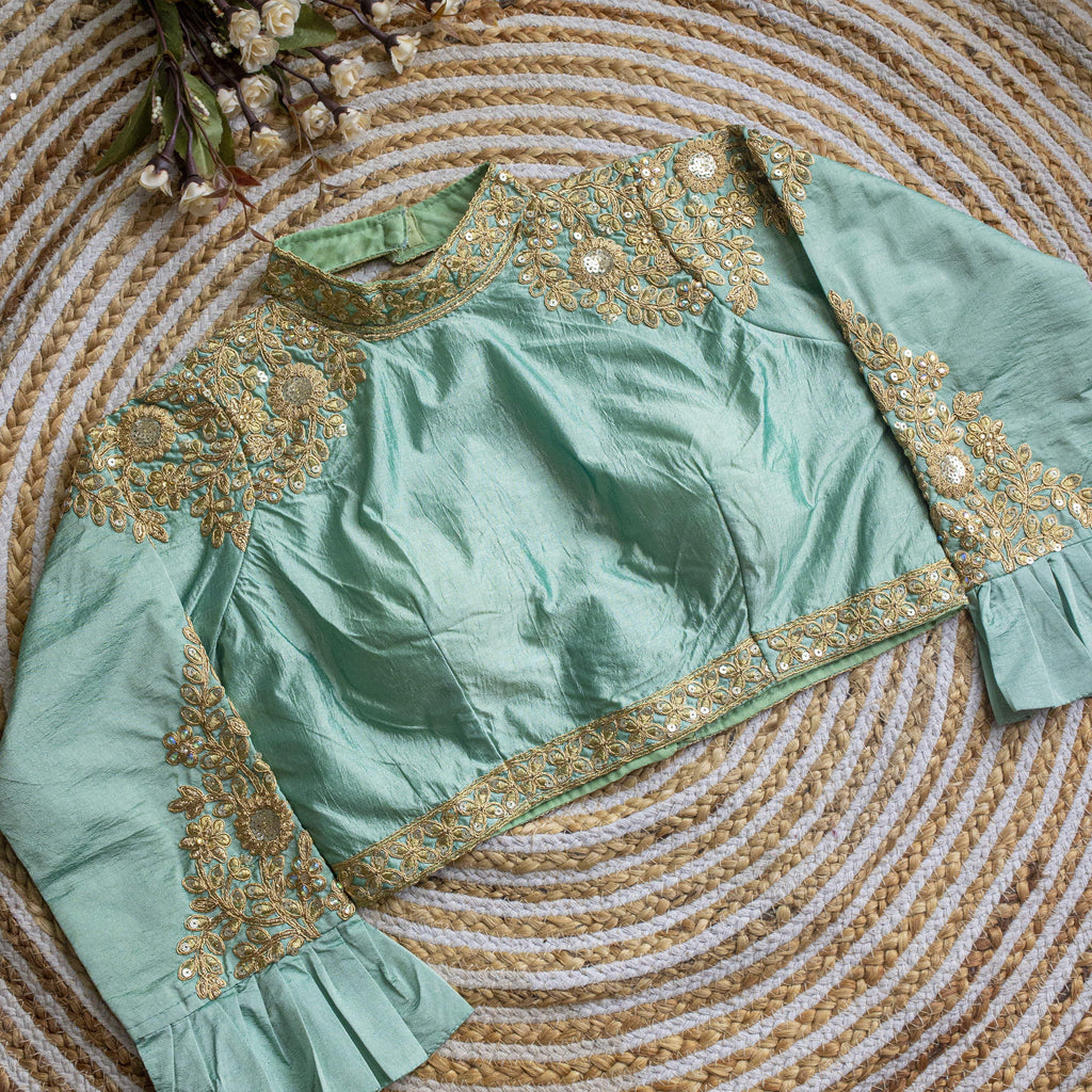 Sky Blue Golden Sequence Embroidered Blouse in glossy silk ClothsVilla