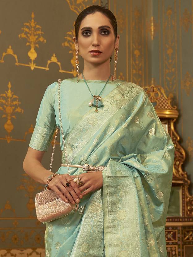Sky Blue Graceful Banarasi Silk Blend Saree with Unstitched Blouse Piece ClothsVilla