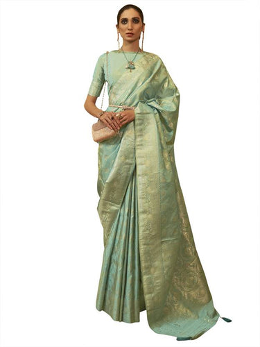 Sky Blue Graceful Banarasi Silk Blend Saree with Unstitched Blouse Piece ClothsVilla