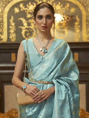 Sky Blue Graceful Banarasi Silk Blend Saree with Unstitched Blouse Piece ClothsVilla
