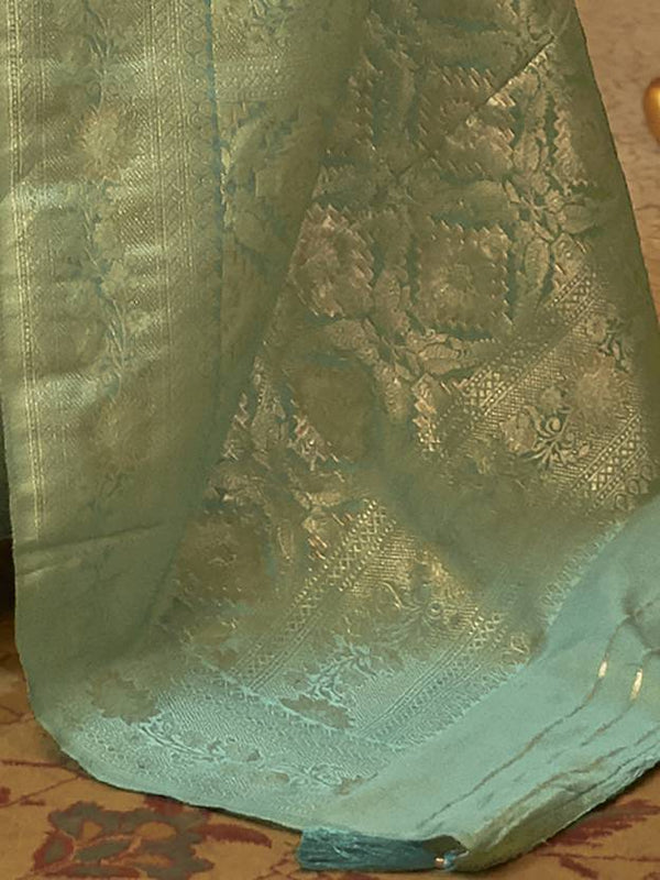 Sky Blue Graceful Banarasi Silk Blend Saree with Unstitched Blouse Piece ClothsVilla