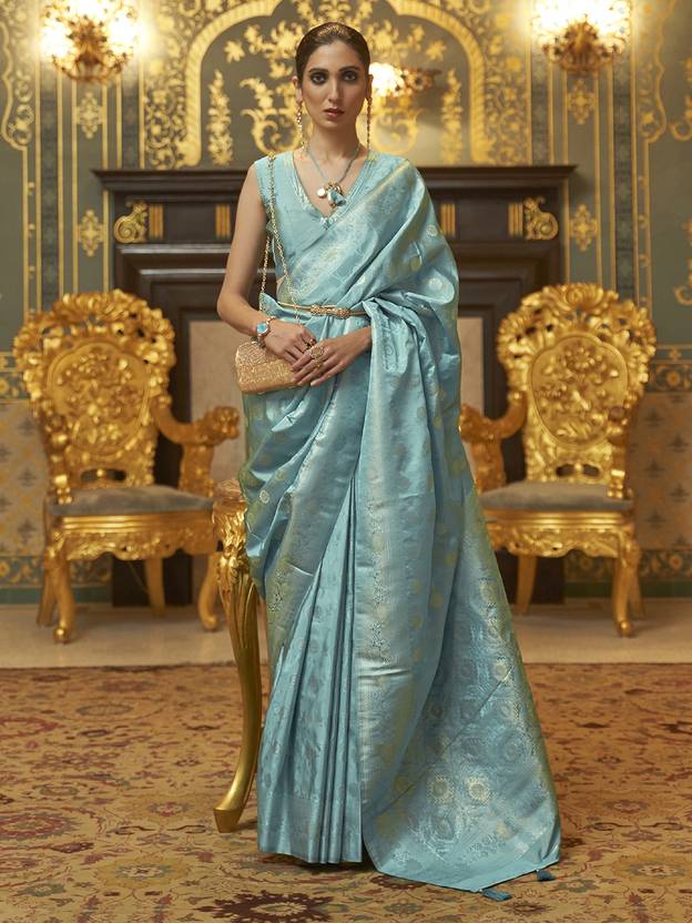 Sky Blue Graceful Banarasi Silk Blend Saree with Unstitched Blouse Piece ClothsVilla