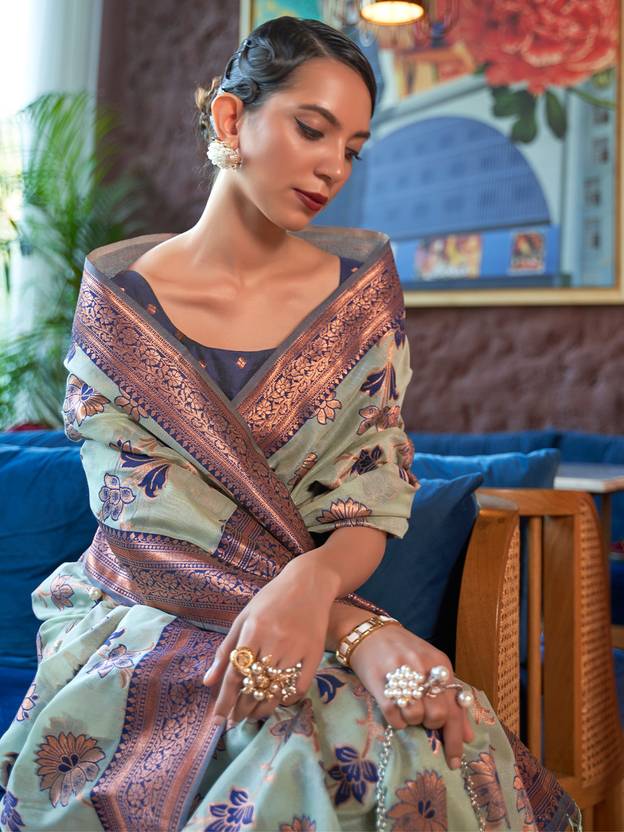 Sky Blue Graceful Bollywood Style Organza Saree with Unstitched Blouse Piece ClothsVilla