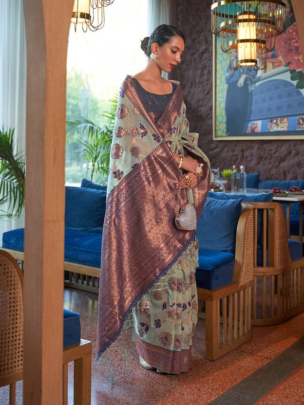 Sky Blue Graceful Bollywood Style Organza Saree with Unstitched Blouse Piece ClothsVilla