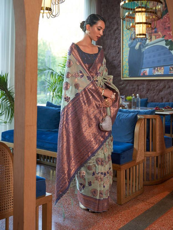 Sky Blue Graceful Bollywood Style Organza Saree with Unstitched Blouse Piece ClothsVilla