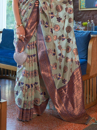 Sky Blue Graceful Bollywood Style Organza Saree with Unstitched Blouse Piece ClothsVilla