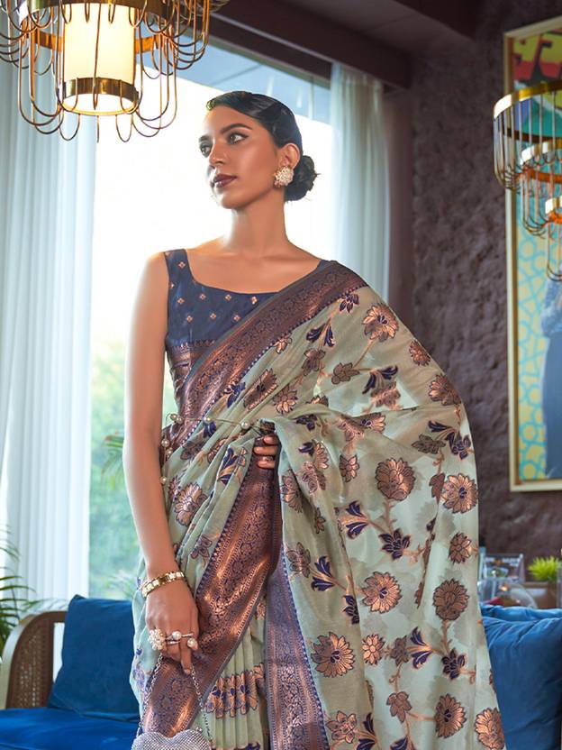 Sky Blue Graceful Bollywood Style Organza Saree with Unstitched Blouse Piece ClothsVilla