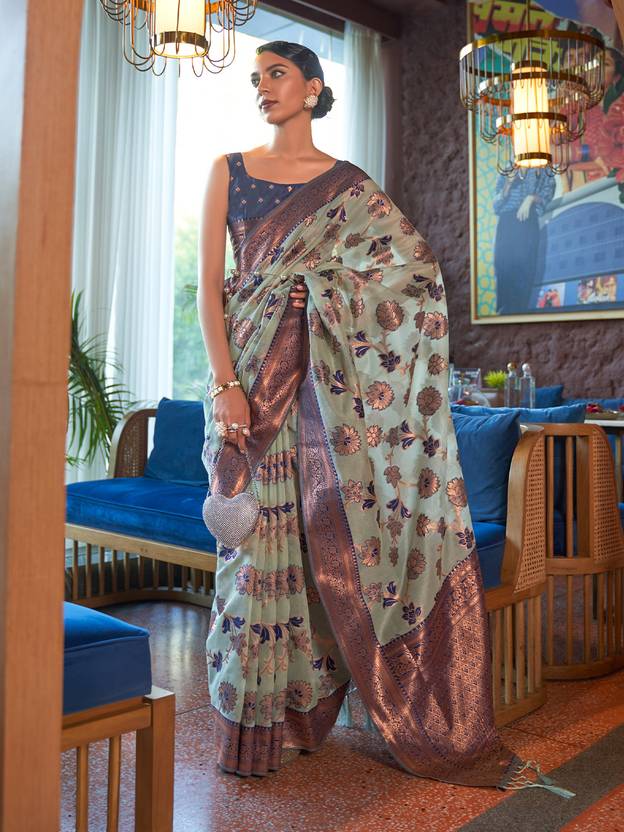 Sky Blue Graceful Bollywood Style Organza Saree with Unstitched Blouse Piece ClothsVilla