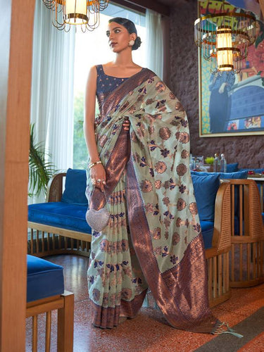 Sky Blue Graceful Bollywood Style Organza Saree with Unstitched Blouse Piece ClothsVilla