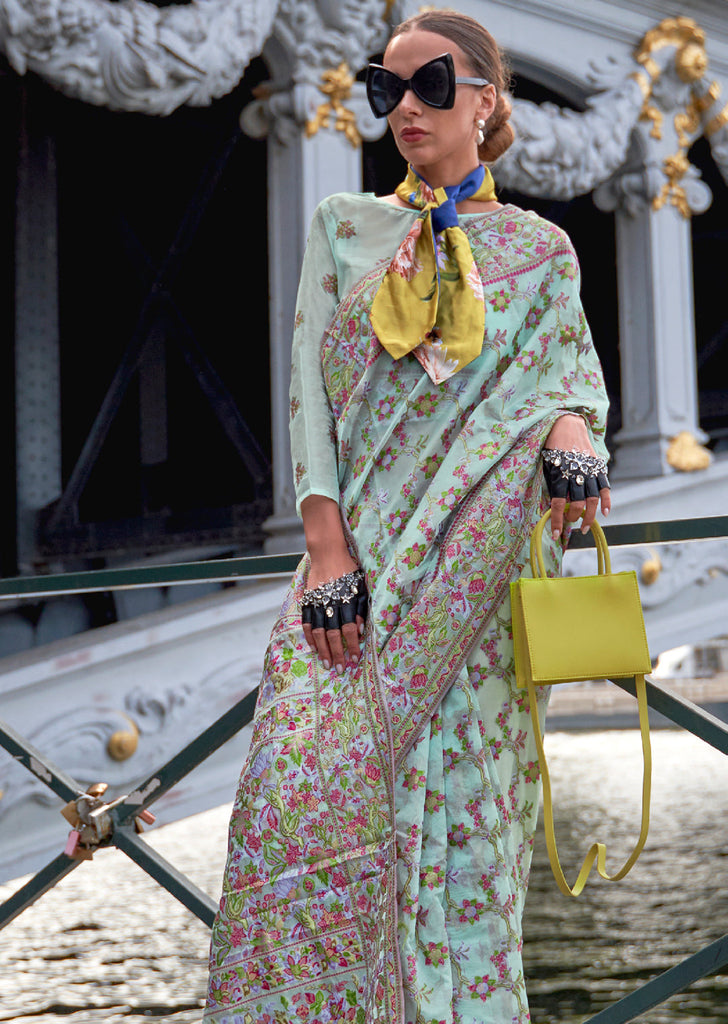 Sky Blue Graceful Organza Silk Parsi Handloom Weaving Saree with Blouse Piece ClothsVilla