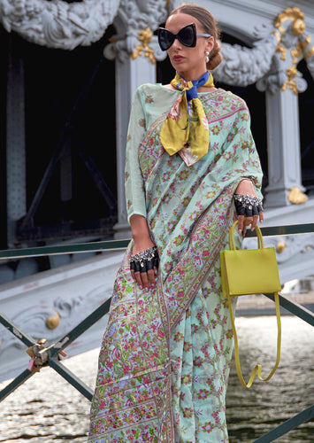 Sky Blue Graceful Organza Silk Parsi Handloom Weaving Saree with Blouse Piece ClothsVilla