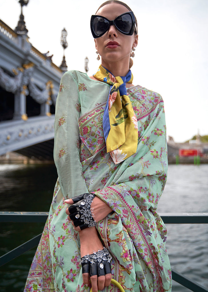 Sky Blue Graceful Organza Silk Parsi Handloom Weaving Saree with Blouse Piece ClothsVilla