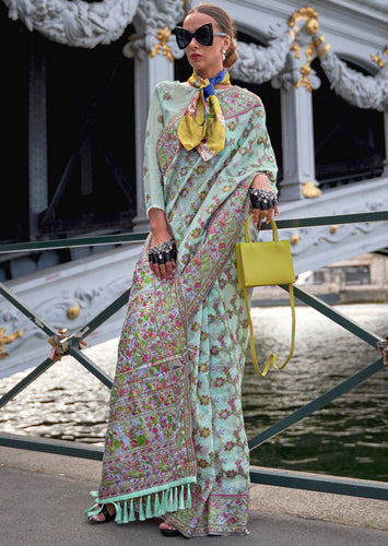 Sky Blue Graceful Organza Silk Parsi Handloom Weaving Saree with Blouse Piece ClothsVilla