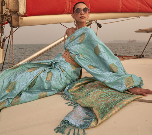 Sky Blue Graceful Silk Blend Kanjivaram Saree with Tassel Detailing ClothsVilla