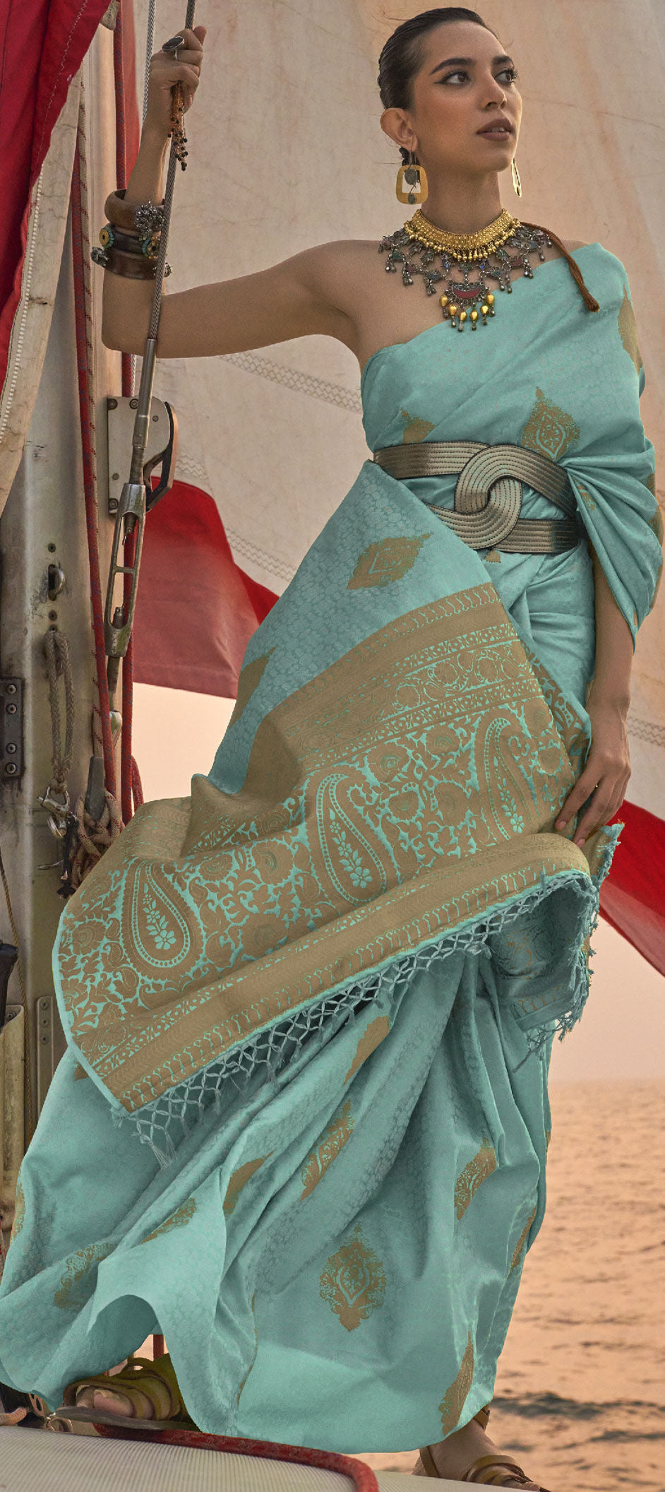 Sky Blue Graceful Silk Blend Kanjivaram Saree with Tassel Detailing ClothsVilla Main image