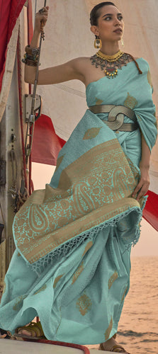Sky Blue Graceful Silk Blend Kanjivaram Saree with Tassel Detailing ClothsVilla