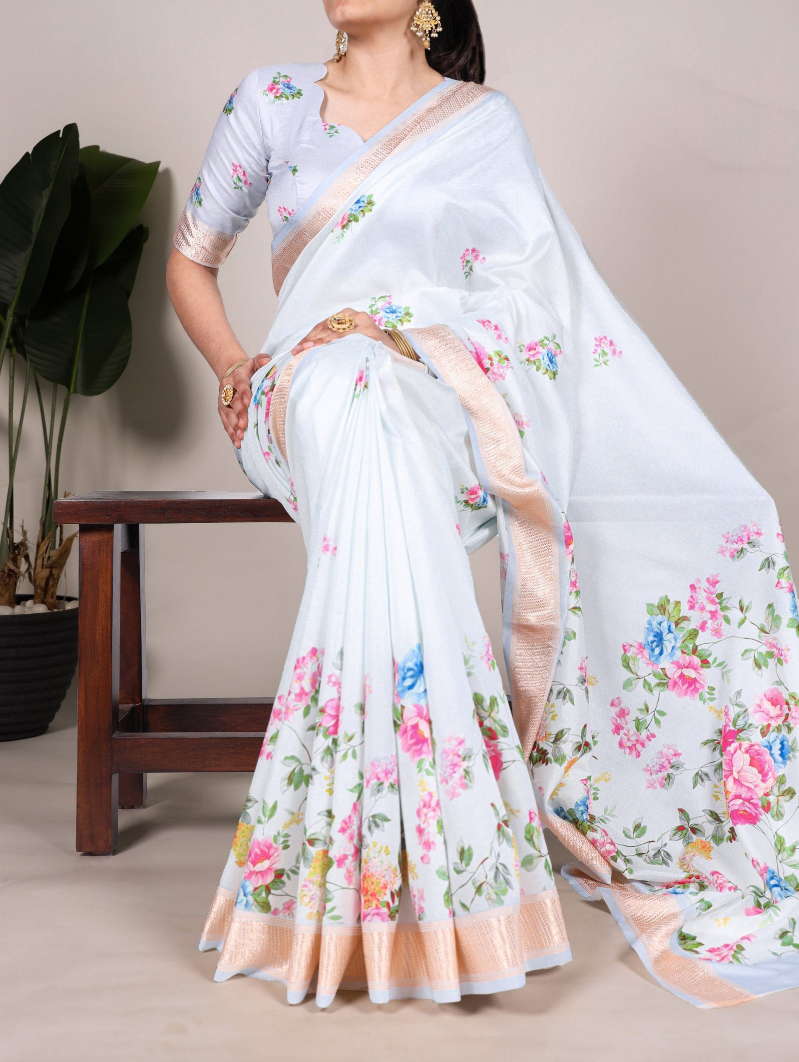 Sky Blue Graceful Tussar Silk Printed Saree with Viscose Border ClothsVilla