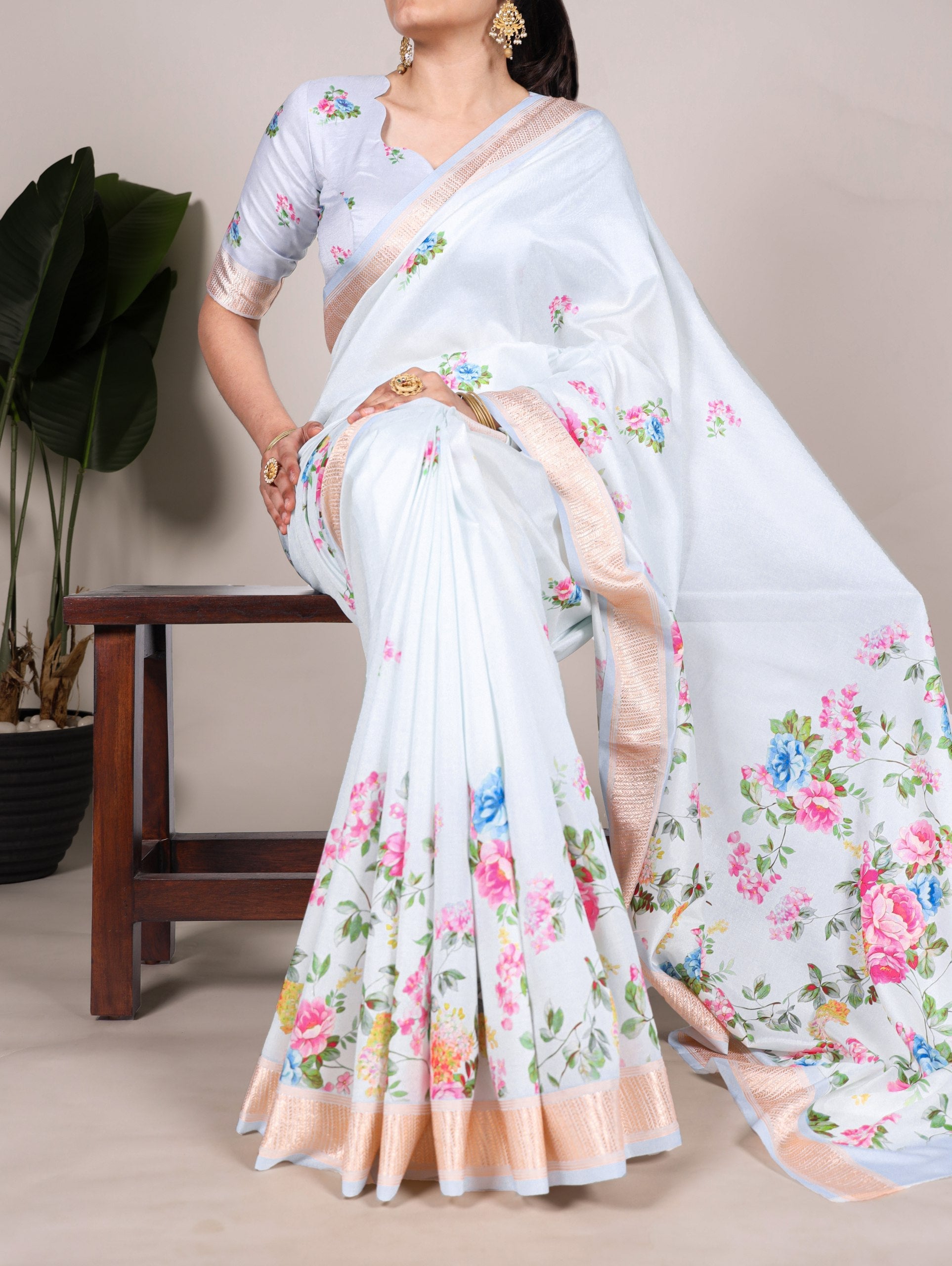 Sky Blue Graceful Tussar Silk Printed Saree with Viscose Border ClothsVilla Main image
