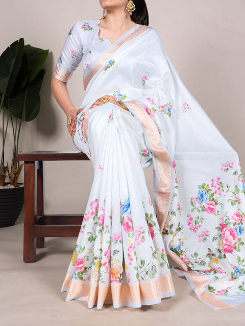 Sky Blue Graceful Tussar Silk Printed Saree with Viscose Border ClothsVilla Main image