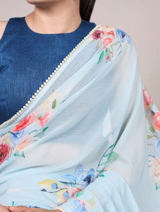 Sky Blue Graceful Weightless Marble Saree with Floral Print & Pearl Lace Border – Includes Banglory Blouse Piece ClothsVilla