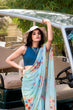 Load image into Gallery viewer, Sky Blue Graceful Weightless Marble Saree with Floral Print &amp; Pearl Lace Border – Includes Banglory Blouse Piece ClothsVilla