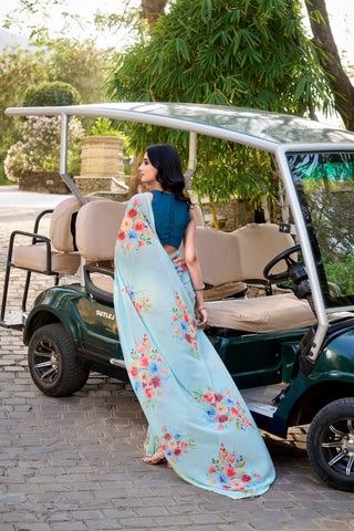 Sky Blue Graceful Weightless Marble Saree with Floral Print & Pearl Lace Border – Includes Banglory Blouse Piece ClothsVilla
