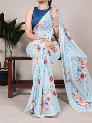 Sky Blue Graceful Weightless Marble Saree with Floral Print & Pearl Lace Border – Includes Banglory Blouse Piece ClothsVilla