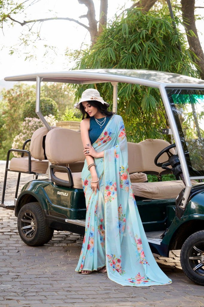 Sky Blue Graceful Weightless Marble Saree with Floral Print & Pearl Lace Border – Includes Banglory Blouse Piece ClothsVilla