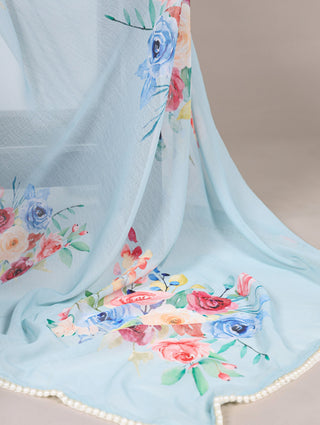 Sky Blue Graceful Weightless Marble Saree with Floral Print & Pearl Lace Border – Includes Banglory Blouse Piece ClothsVilla