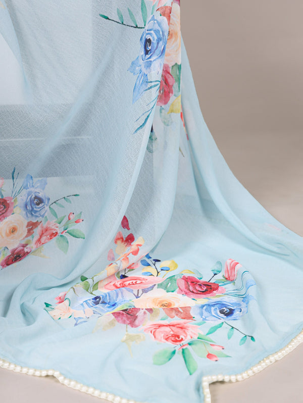 Sky Blue Graceful Weightless Marble Saree with Floral Print & Pearl Lace Border – Includes Banglory Blouse Piece ClothsVilla