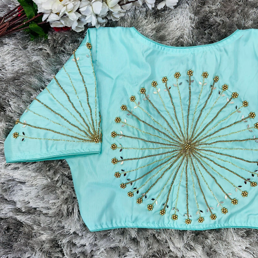 Sky Blue Handcrafted tumtum silk Golden Blouse with Ambla Mirror Accents ClothsVilla