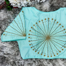 Load image into Gallery viewer, Sky Blue Handcrafted tumtum silk Golden Blouse with Ambla Mirror Accents ClothsVilla