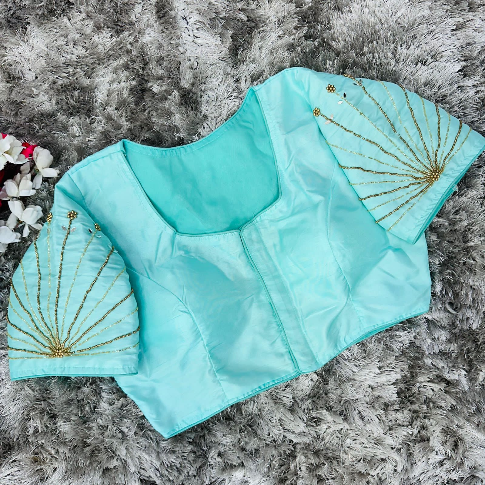 Sky Blue Handcrafted tumtum silk Golden Blouse with Ambla Mirror Accents Secondary image