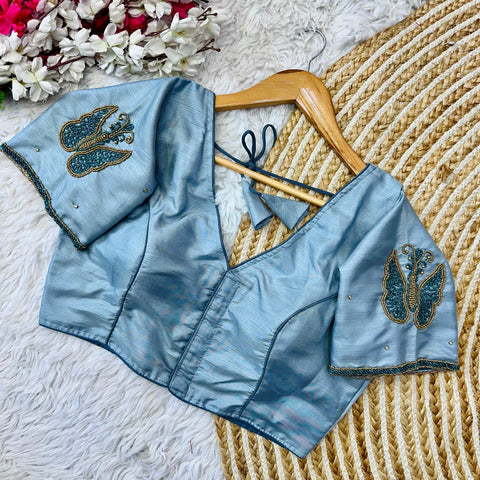Sky Blue Handcrafted Wedding Blouse Collection in Mayo Silk ClothsVilla Main image
