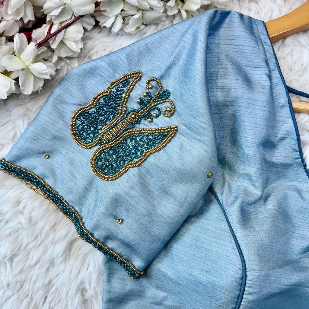 Sky Blue Handcrafted Wedding Blouse Collection in Mayo Silk ClothsVilla