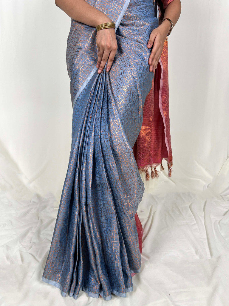 Sky Blue Handwoven Kanchipuram Zari Weaving Saree with Unstitched Blouse Piece ClothsVilla