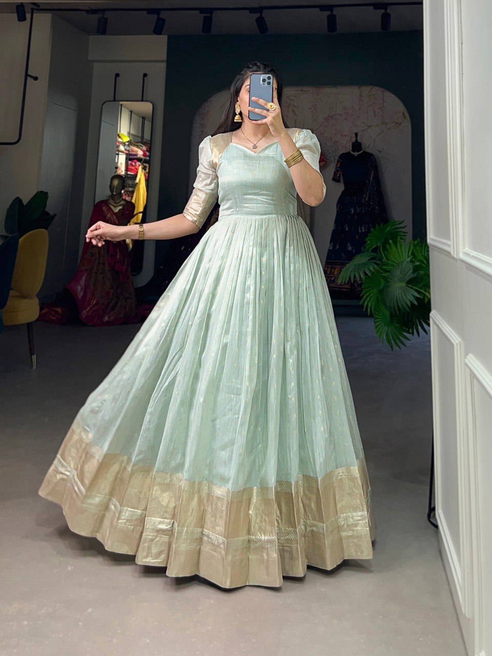 Sky Blue Handwoven Khadi Organza Gown with Exquisite Zari Detailing ClothsVilla