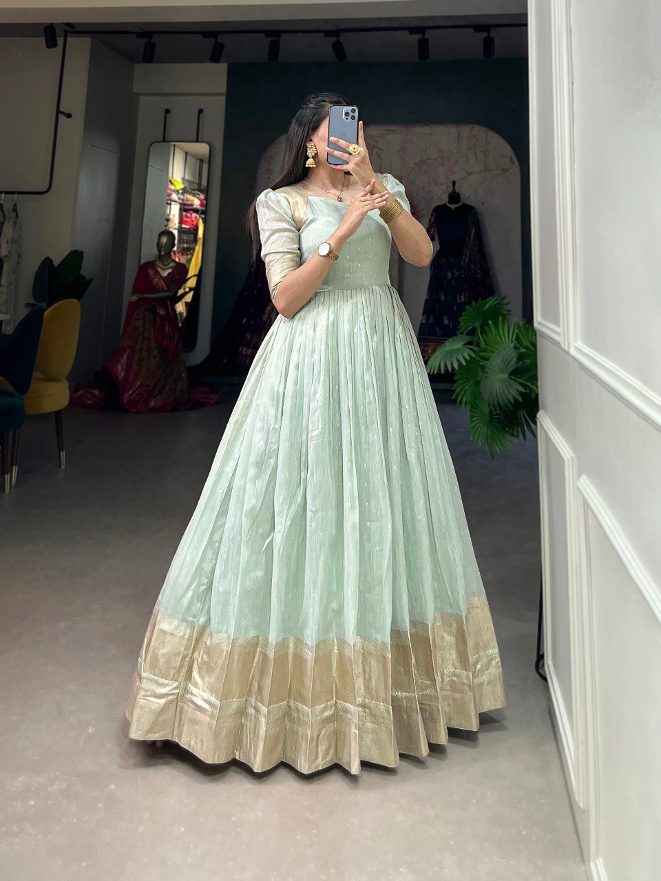 Sky Blue Handwoven Khadi Organza Gown with Exquisite Zari Detailing ClothsVilla