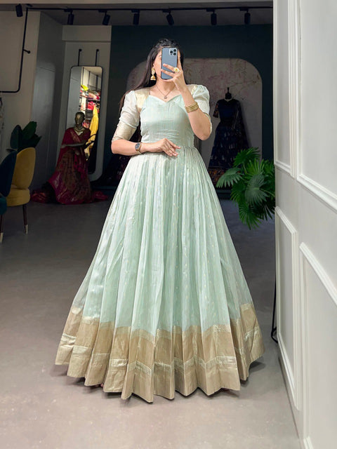 Sky Blue Handwoven Khadi Organza Gown with Exquisite Zari Detailing ClothsVilla Main image