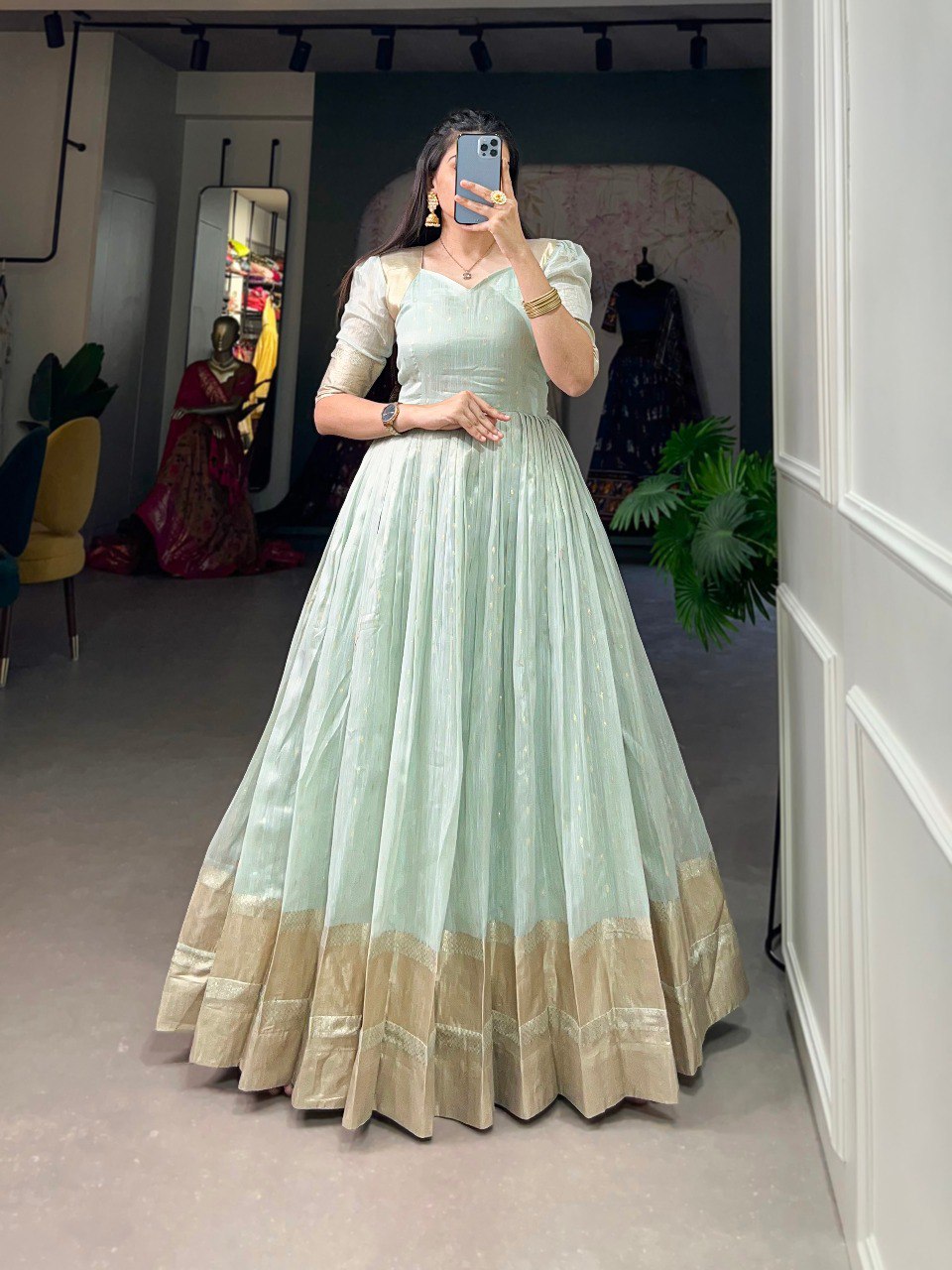 Sky Blue Handwoven Khadi Organza Gown with Exquisite Zari Detailing ClothsVilla Main image