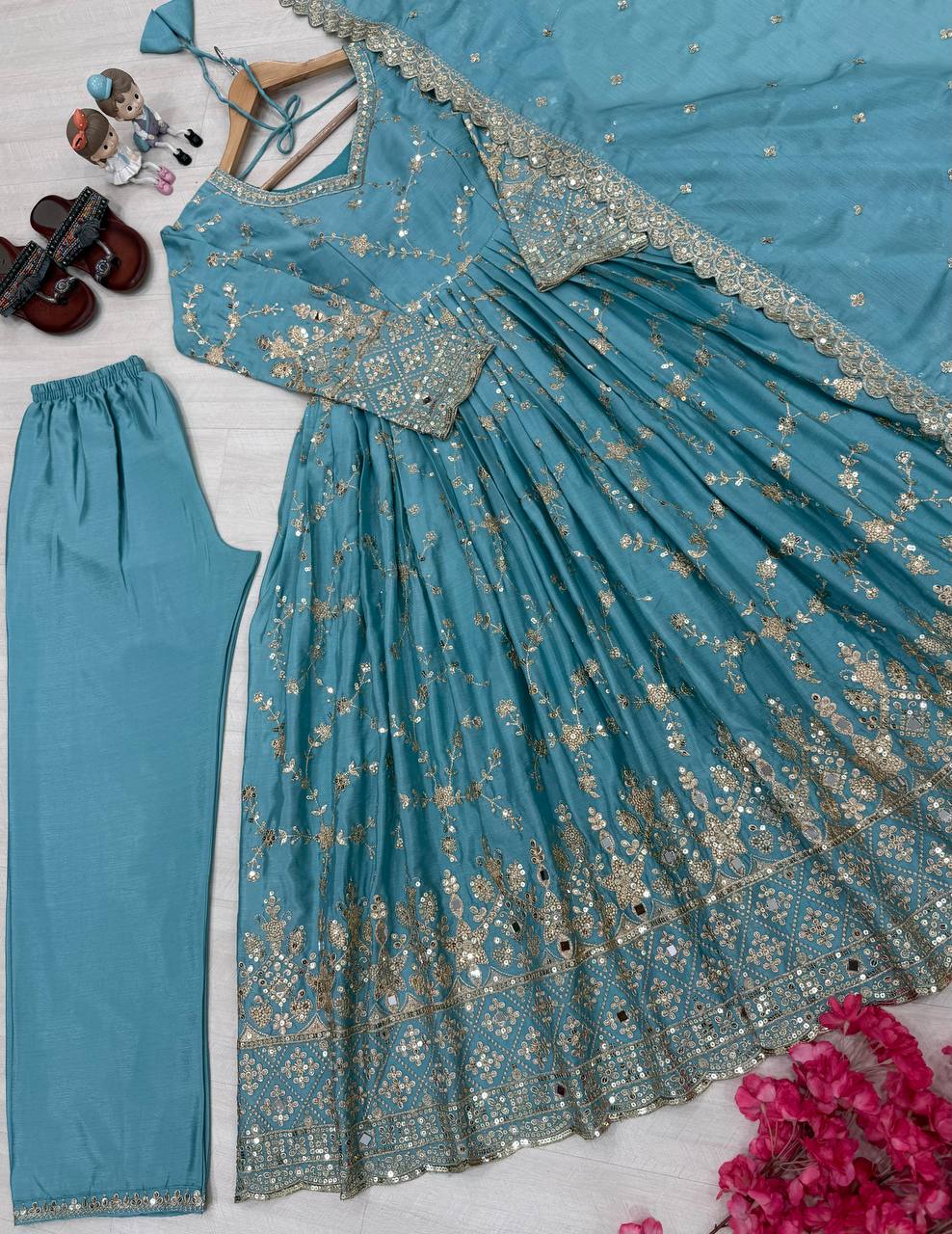 Sky Blue Heavy Chinon Silk Embroidered Anarkali Gown Set with Mirror & Sequin Work ClothsVilla