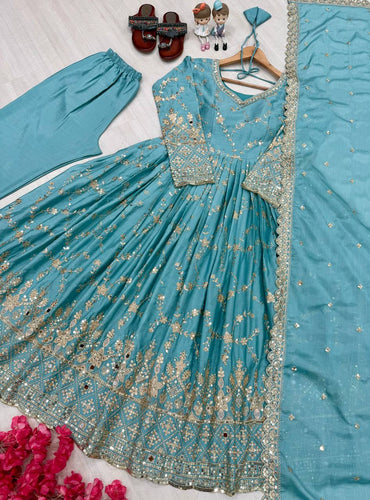 Sky Blue Heavy Chinon Silk Embroidered Anarkali Gown Set with Mirror & Sequin Work ClothsVilla