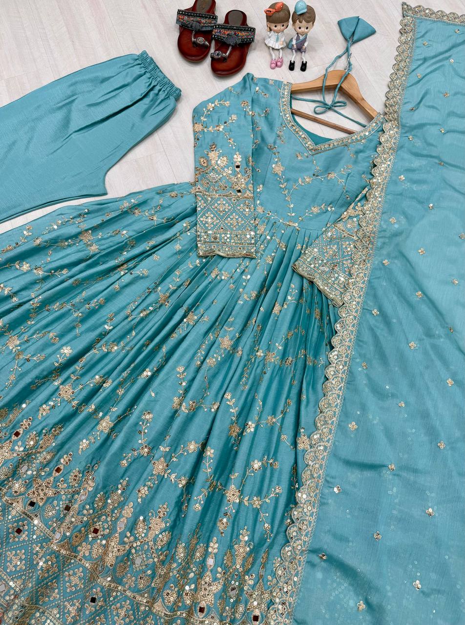 Sky Blue Heavy Chinon Silk Embroidered Anarkali Gown Set with Mirror & Sequin Work ClothsVilla