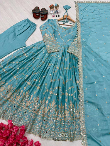 Sky Blue Heavy Chinon Silk Embroidered Anarkali Gown Set with Mirror & Sequin Work ClothsVilla