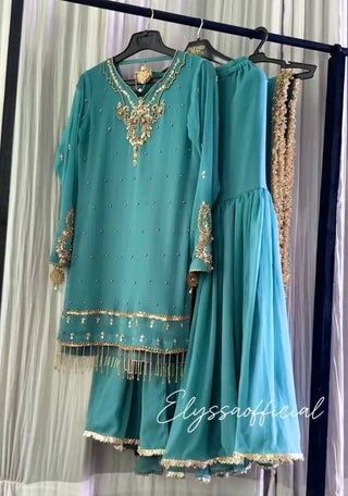 Sky Blue Heavy Faux Georgette Embroidered Suit Set with Rivet Moti Work & Mirror Lace Dupatta ClothsVilla