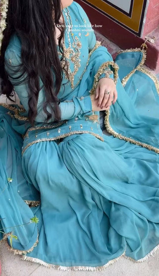 Sky Blue Heavy Faux Georgette Embroidered Suit Set with Rivet Moti Work & Mirror Lace Dupatta ClothsVilla