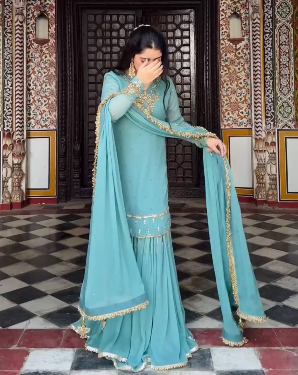 Sky Blue Heavy Faux Georgette Embroidered Suit Set with Rivet Moti Work & Mirror Lace Dupatta ClothsVilla Main image