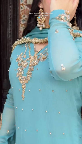 Sky Blue Heavy Faux Georgette Embroidered Suit Set with Rivet Moti Work & Mirror Lace Dupatta ClothsVilla