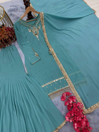 Sky Blue Heavy Faux Georgette Embroidered Suit Set with Rivet Moti Work & Mirror Lace Dupatta ClothsVilla